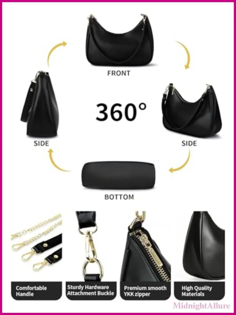 Vegan Leather Mini Shoulder Bag Crescent Hobo YKK Zipper